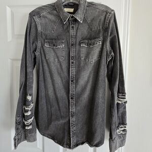 All Saints Charcoal Distressed Button Down Shirt